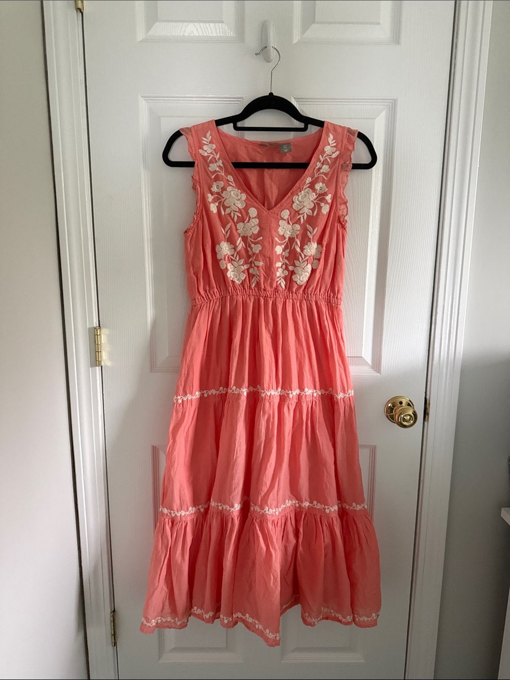 Lucky Brand Coral Maxi Dress with White Floral Embroidery
